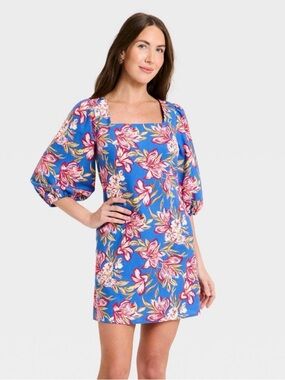 Blue Floral Square-Neck Linen Mini Slip Dress from A New Day NWT szL